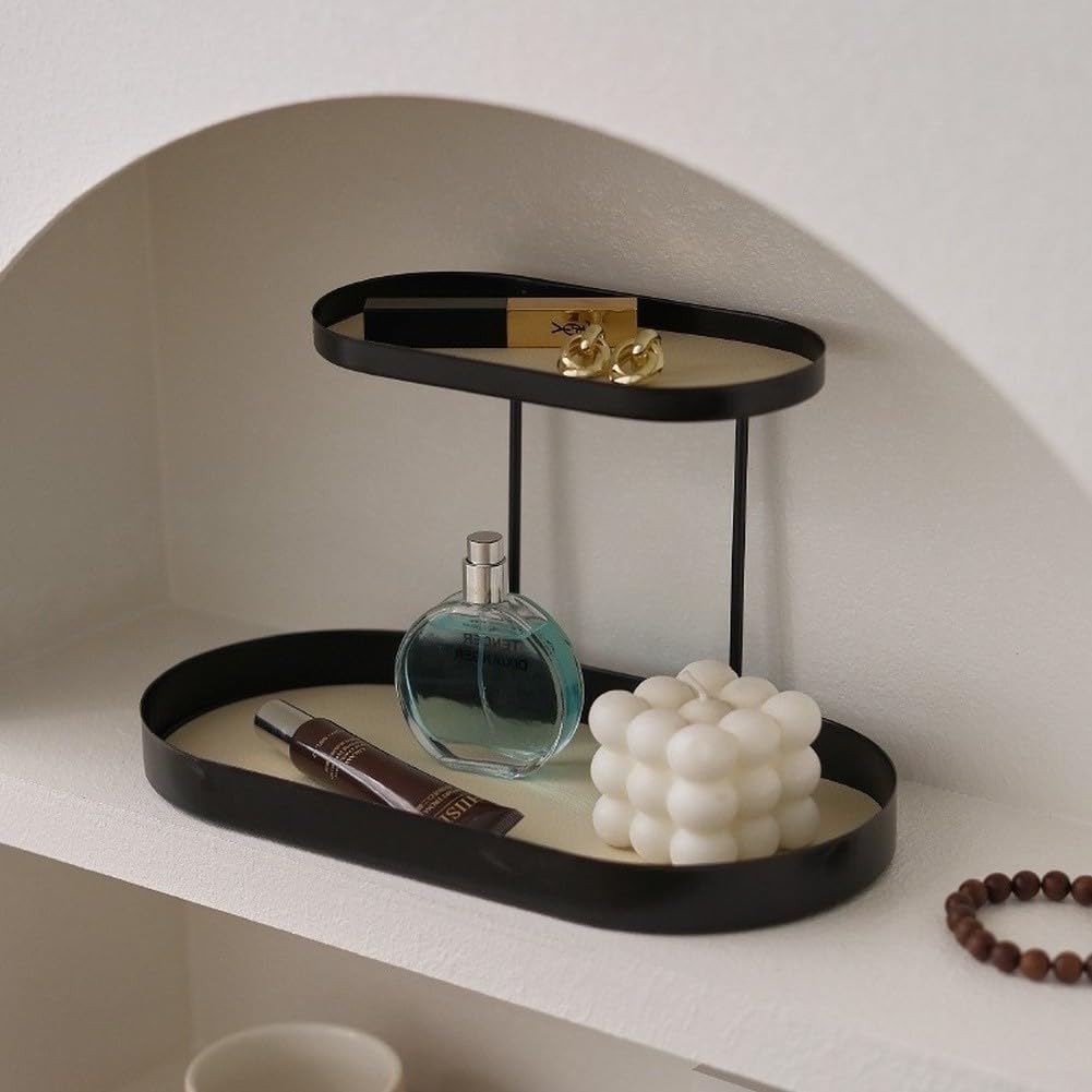 Organizer da banco a 2 livelli Scaffale da bagno Scaffale per cosmetici in metallo per articoli da toeletta Trucco Cura della pelle Supporto nero