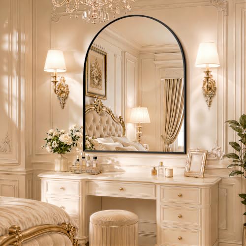 Image of 30 inchx38 inch Arched Gold Bathroom Mirror - Metal Framed with HD Shatter-Proof Glass, Wall-Mounted for Over Sink, Entryway, Living Room, Bedroom