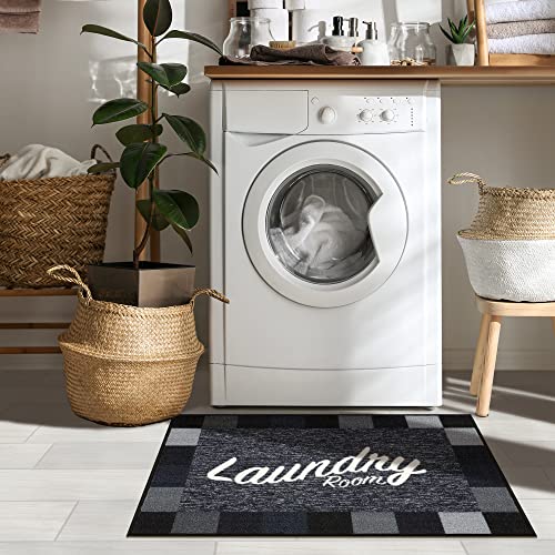 Ottomanson Machine Washable Checkered Border Laundry Room Rug Non-Slip Rubberback 2X3 Laundry Area Rug For Laundry Room, Bathroom, Washroom, 26" X 35", Black #TOP5