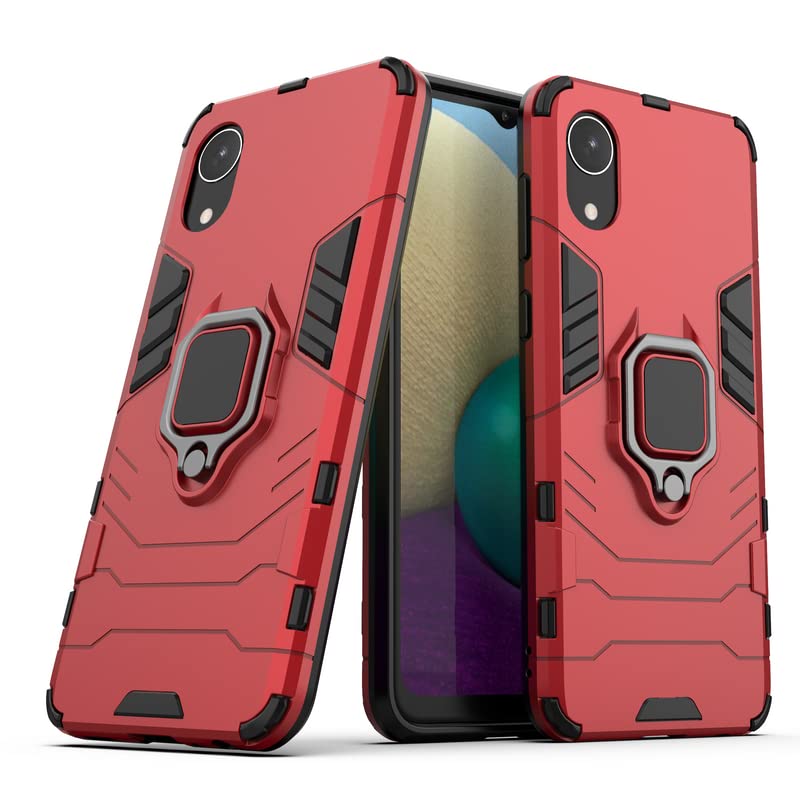 Image of Hybrid Armor Shockproof Soft TPU and Hard PC Back Cover Case with Ring Holder for Samsung Galaxy A03 Core (Red)