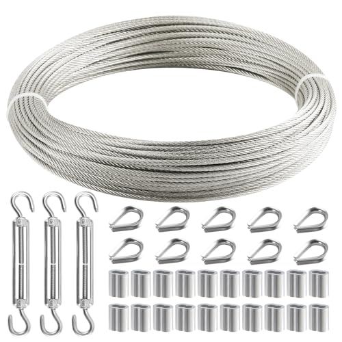 Ciyivak 1/8 Inch Wire Rope 120FT Stainless Steel Cable 7x7 Strands Steel Wire Kit with Turnbuckles Sleeves Thimbles - Aircraft Cable for Garden String Light Hanging Deck Railing DIY Projects