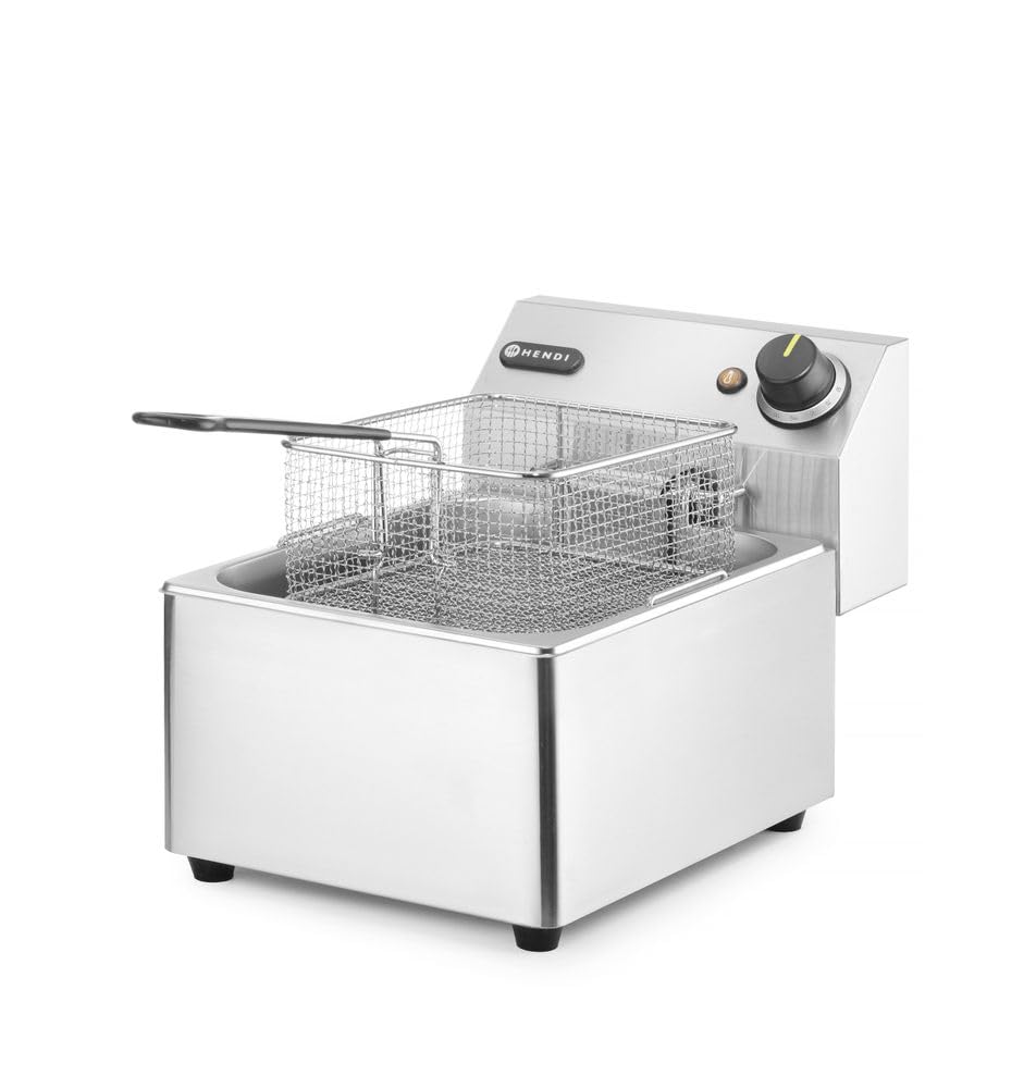 HENDI Fritteuse, 6L, mit Frittierkorb und Deckel, abnehmbarer Ölbehälter, Temperaturbereich: 50° bis 190°C, Überhitzungsschutz, Kaltzone, Frittierbehälter, 230V/3300W, 265x417x(H)290mm, Edelstahl