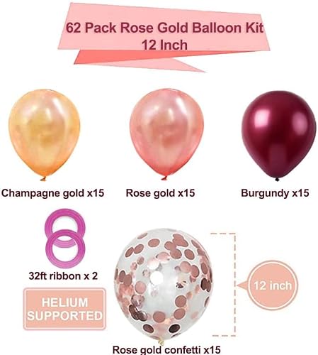 OuMuaMua Rose Gold Balloons Burgundy Balloons Kit, 62Pcs Burgundy Rose Gold Confetti Latex Balloons for Women Girl Baby Shower Wedding Birthday Party Decorations, 12 Inch - Thumbnail 3