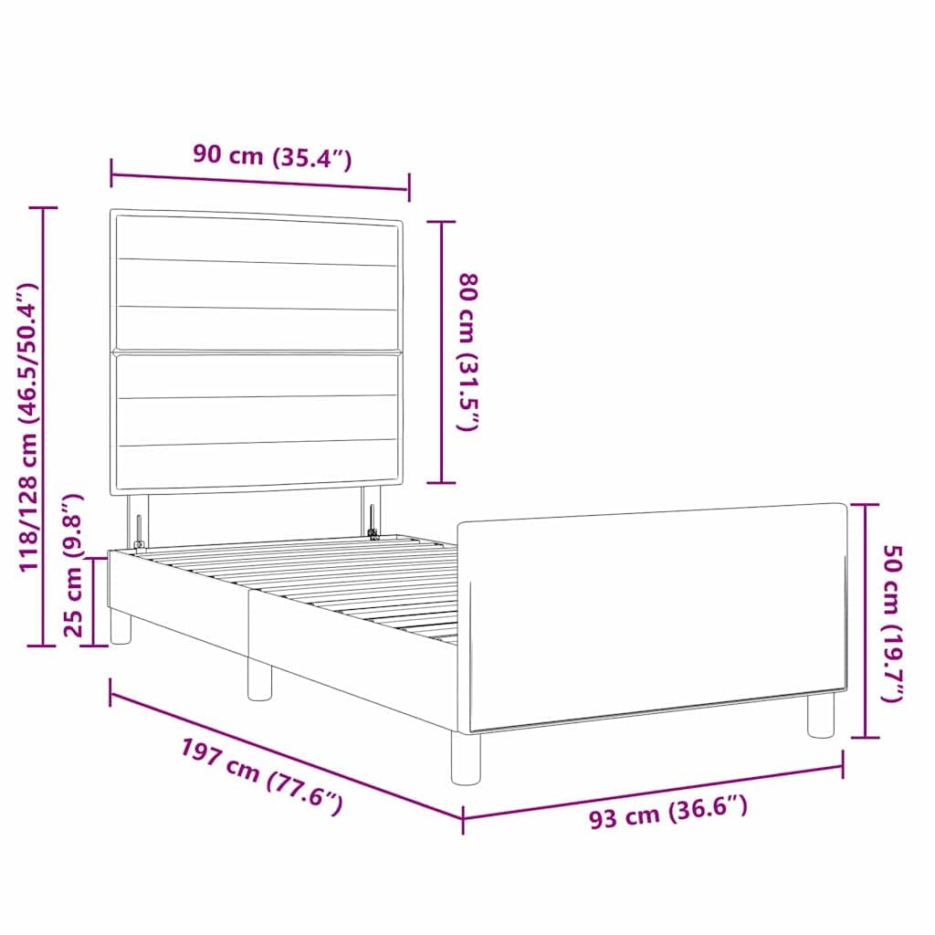 Cadre de lit avec tête de lit en tissu taupe, 90 x 190 cm, moderne, rembourré, minimaliste, scandinave, lit familial, lit d'invité, avec structure stable