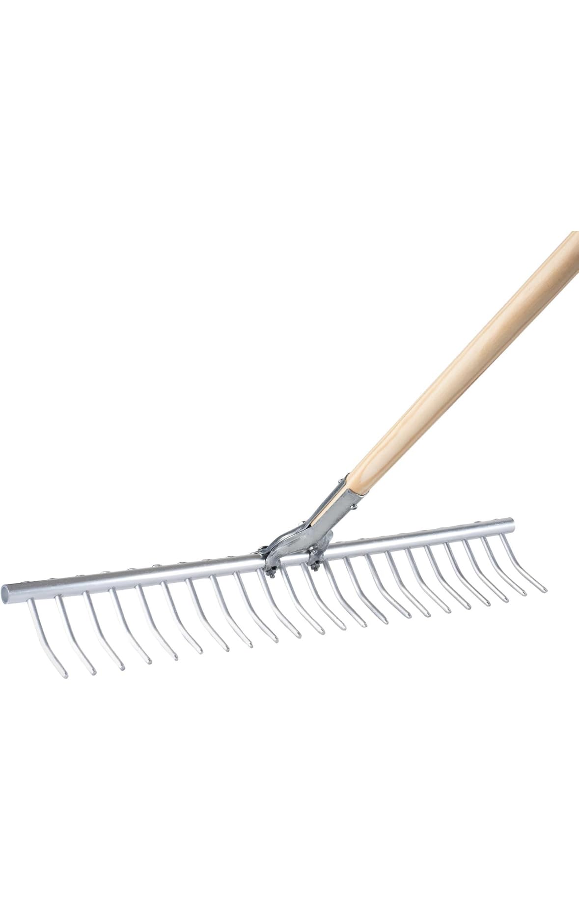 Rastrello da Giardino in Alluminio, Denti Curvi, Manico Lungo in Legno, per Pulizia Prato e Raccolta Foglie