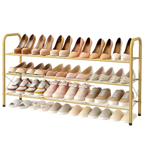 Image of Hoctieon 3 Tier Mesh Style Shoe Rack, Entryway Shoe Shelf, Shoe Storage Organizer, Shoe Rack for Closet, Space Save for Bathroom, Garage, Hallway, Bedroom, Living Room, Gold