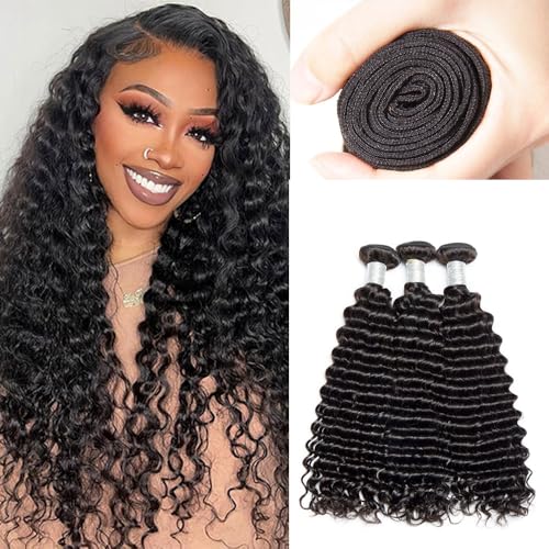 12A Deep Wave Bundles Human Hair 16 18 20 Inch 100% Unprocessed Human Hair Bundles Brazilian Virgin Hair 3 Bundles Deep Wave Double Strong Weft Hair Bundle Deals Natural Color Soft