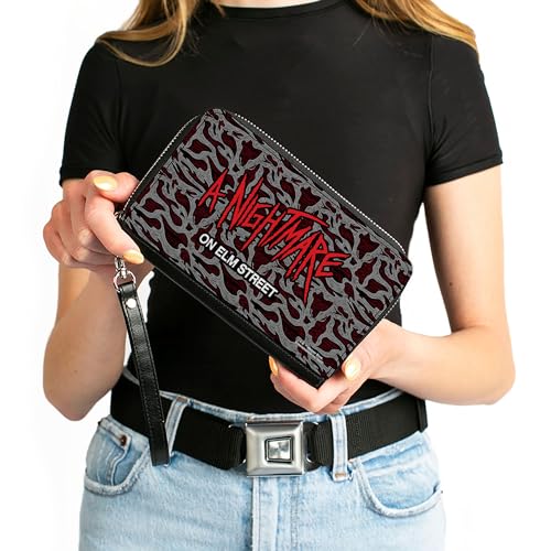 Buckle-Down Warner Bros. Horror Movies Wallet, Zip Around, A NIGHTMARE ON ELM STREET Scribble Freddy Melt Grays/Reds, Vegan Leather4