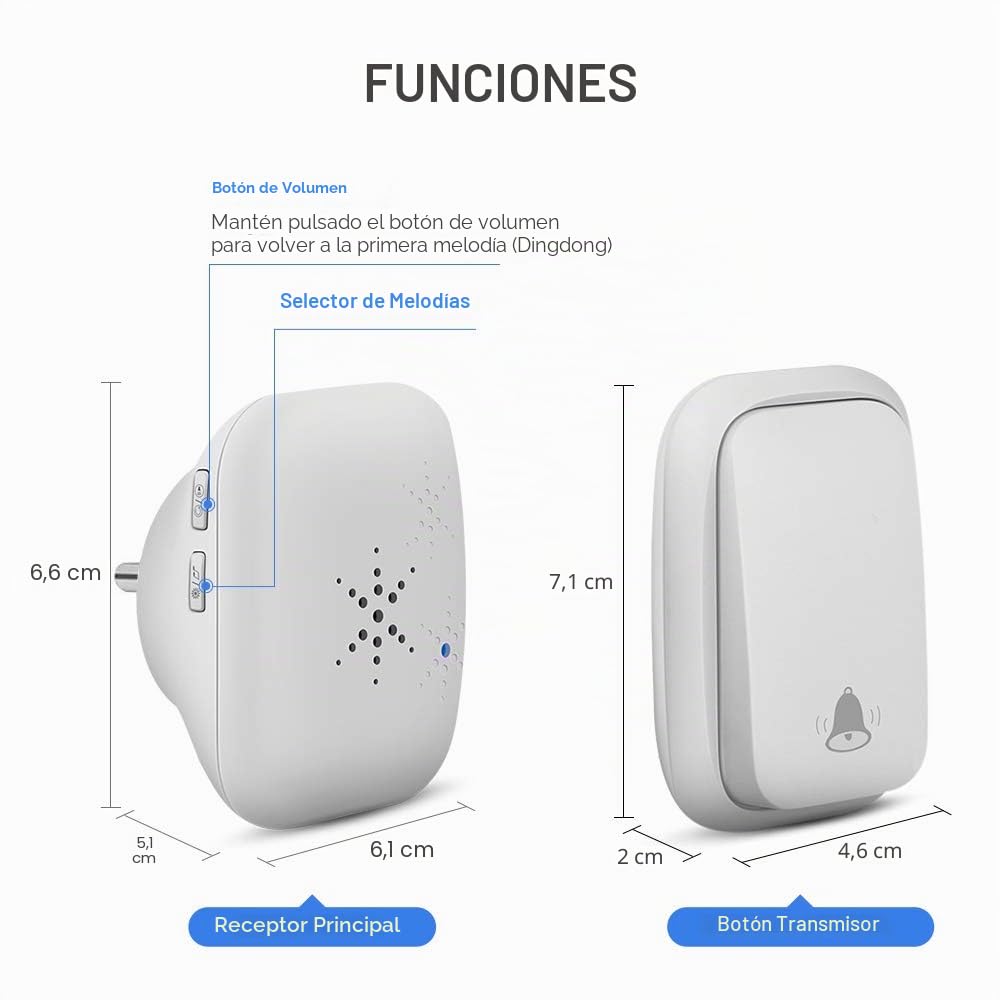Timbre Inalámbrico sin Pilas, PDGROW Timbres Inalámbricos Impermeable Autoalimentado, 150M de Alcance, con 4 Niveles de Volumen, 38 Melodías, Indicadores LED