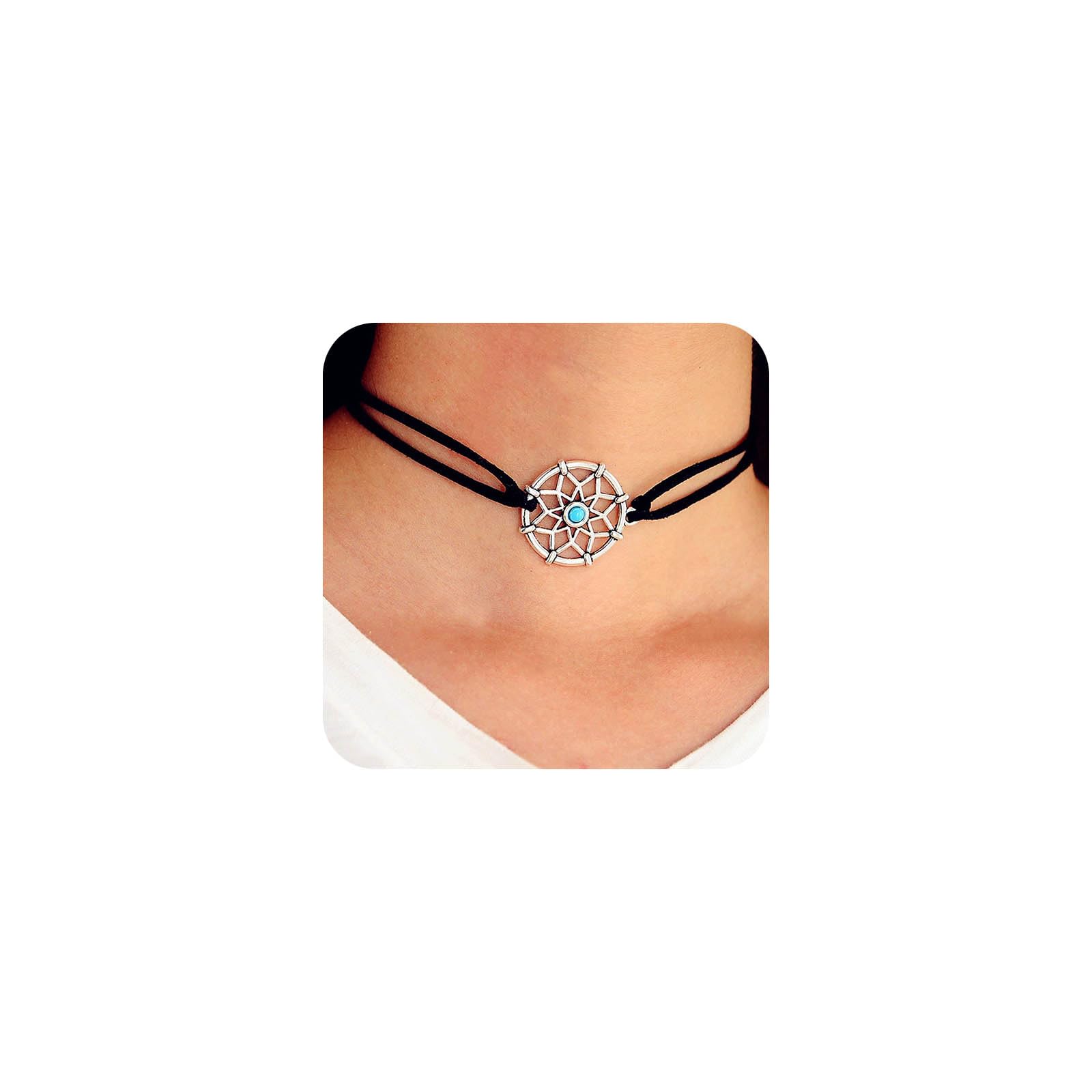 Yienate Fashion Dreamcatcher Collana Corta Girocollo in Pelle Velluto Corda Catena Collare Collana Argento Piccolo Turchese Dream Catcher Clavicola Collana Punk Collana Gioielli per Donne Ragazze