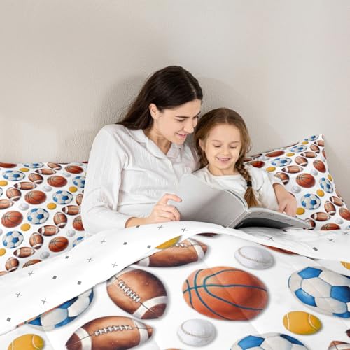 Image of Feelyou Soccer Football Comforter Set Full Size Basketball Baseball Softball Sport Theme Bedding Set for Kids Boys Girls White Blue Yellow Duvet Quilt Bedroom Decor 3 Pcs with 2 Pillow Cases