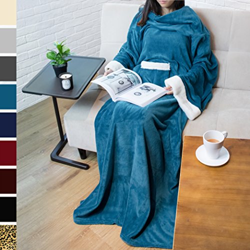 PAVILIA Deluxe Fleece Blanket with Sleeves for Adult, Men, and Women| Elegant, Cozy