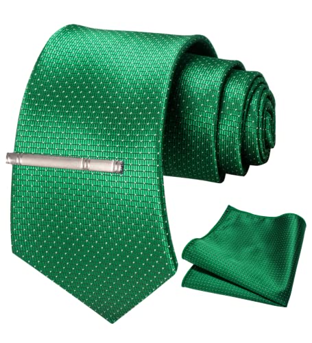 Image of RBOCOTT Silk Stripe Plaid Tie and Pocket Square with Tie Clip Sets for Men