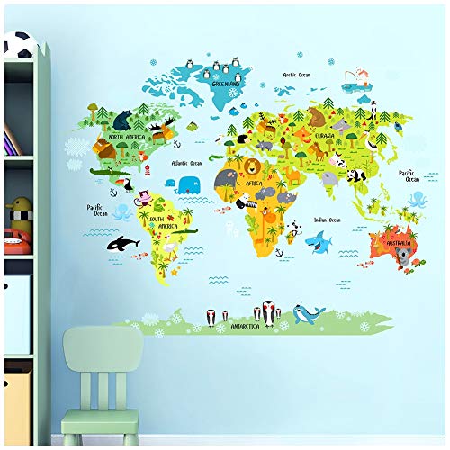 Adesivos de parede HaokHome W-10501-1 grande mapa do mundo para crianças animais educativos marcos d