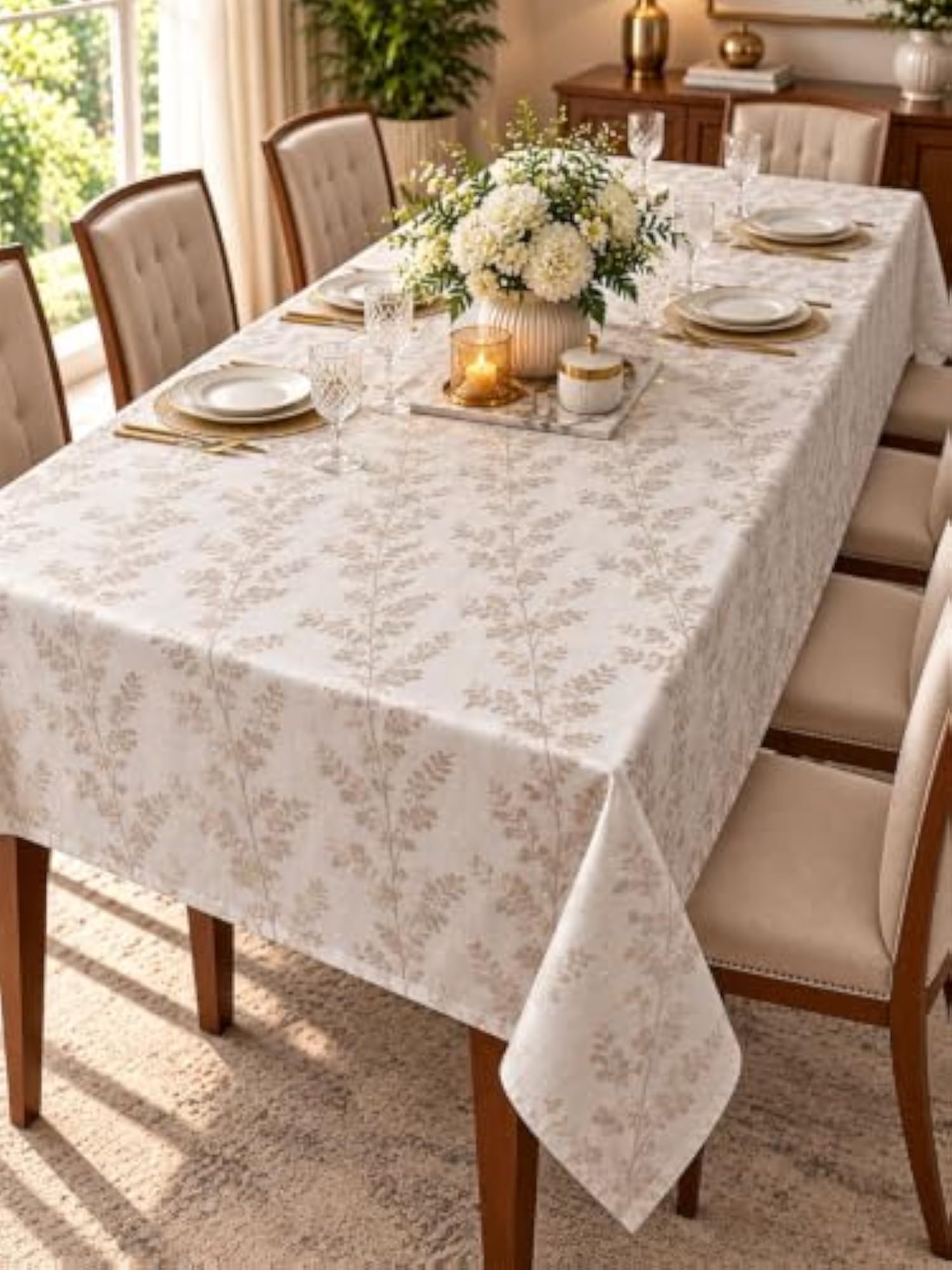 Premium Jacquard Self Leaf Design Beige Color Table Cover
