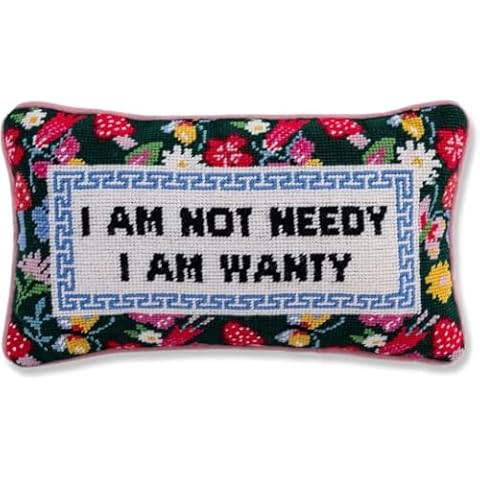FURBISH Handmade Needlepoint Decorative Throw Pillow - Not Needy - 9" x 15" - Small Embroidered Accent Pillow for Bed, Chair, Couch, Sofa - Aesthetic Room Decor Cover