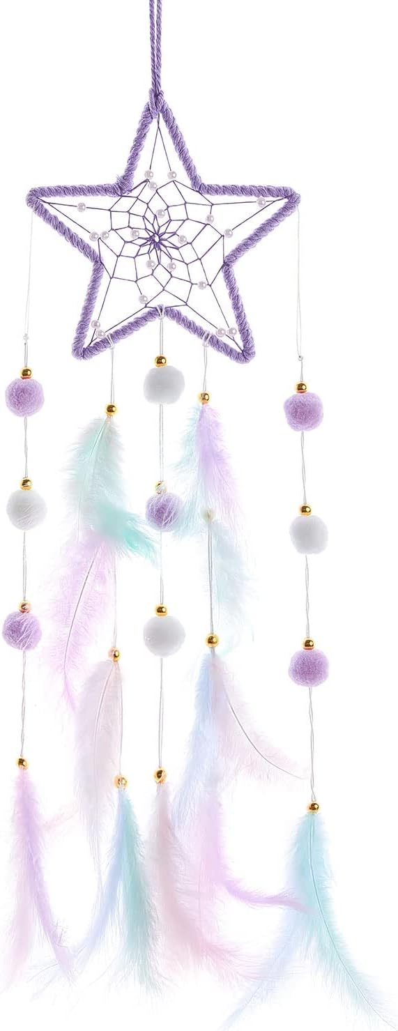 Pretty Jolly Purple Star Kids Dream Catcher Wall Decor PomPom Feather Baby Dreamcatcher Handmade Children Dream Catcher Home Décor Wall Hanging for Nursery Bedroom Boys Girls Birthday Gift-25.6in