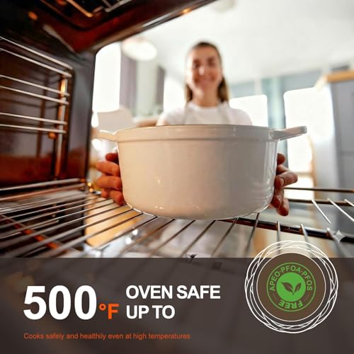 Image of Overmont Enameled Cast Iron Dutch Oven - 5.5QT Pot with Lid Cookbook & Cotton Potholders - Heavy-Duty Cookware for Braising, Stews, Roasting, Sourdough Baking White
