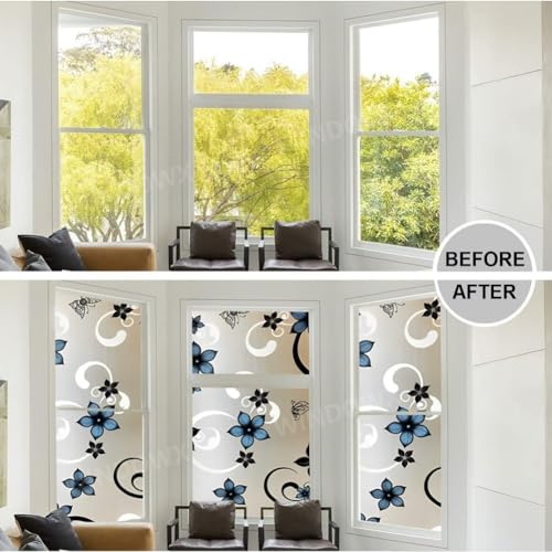 Image of Premium Vinyl Privacy Stained Window Glass Sticker (16x360 Inch) - Self-Adhesive Decorative Sticker Opaque Tint Wallpaper for Glass Cover Window, Door, Home.| Anti-UV. Black Blue Flowers