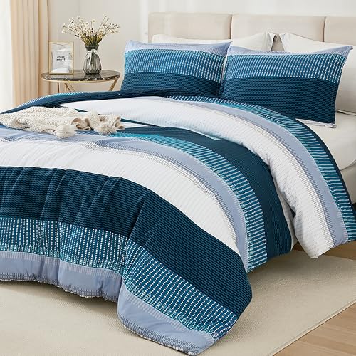 Litanika Oversized King Comforter Set Navy Blue - 3 Pieces Lightweight Blue White Colorblock Stripe Fluffy Bedding Comforter Sets, All Season Bed Set