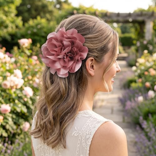 Image of Merdia 6.3 inch Rose Flower Brooch & Hair Clip for Women - Large Floral Pin for Clothes & Hair Accessories | Elegant Dress Jewelry for Events, Parties & Occasions - Blush Pink