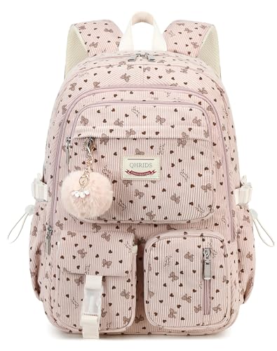 Backpack for Girls Big Student Corduroy Laptop Backpack for College Kids Elementary Middle High School Bag Anti Theft Bookbag Travel Daypack Womens(Corduroy Pink Bowknot)
