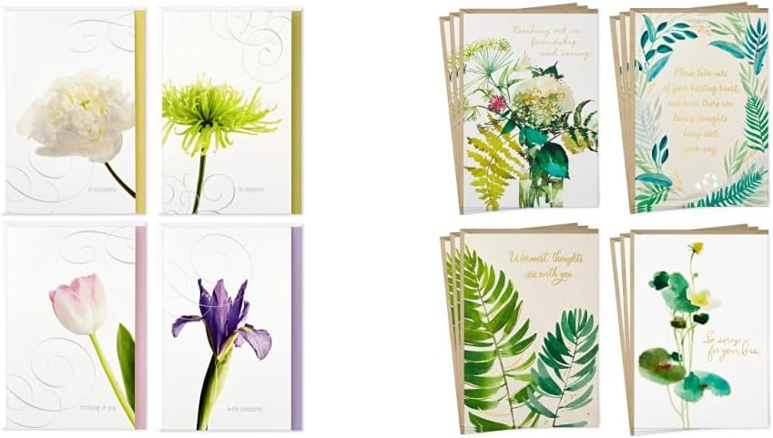 Hallmark Assorted Sympathy Cards (Flowers, 12 Cards and Envelopes) & Sympathy Cards Assortment, Watercolor Greenery (12 Assorted Thinking of You Cards with Envelopes)