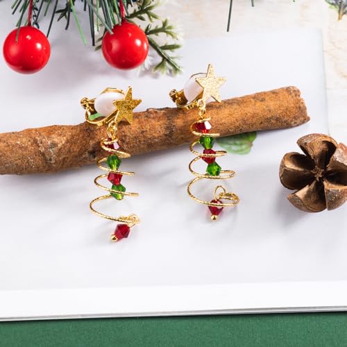 SELOVO Tree Shape Clip On Earrings Star Twist Green Red Dangle Earrings2