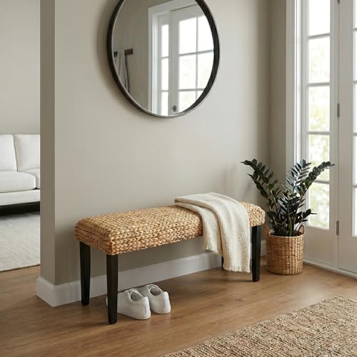Image of Entryway Bench with Solid Wood Acacia, 47 inch End of Bed Bench for Bedroom, Water Hyacinth Indoor Bench Seat, Boho Woven Bench for Living Room, Wicker Bench for Hallway or Kitchen, Wood Bench (Black Leg)