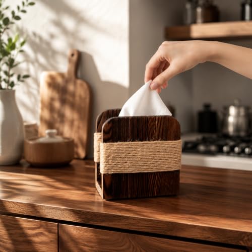 Image of Natural Wooden Napkin Holder, Farmhouse Style, Brown