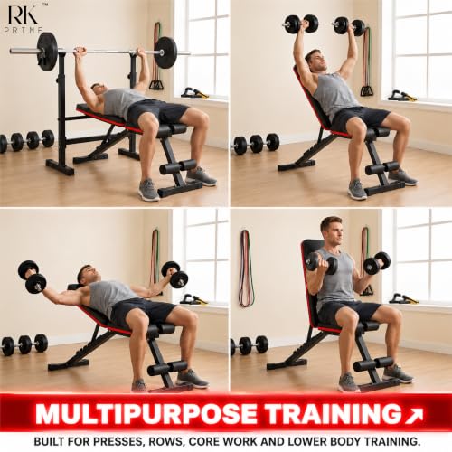 Image of RK Prime Adjustable Gym Bench for Home Workout | 310 Kg Capacity | 7-Level Incline Decline Flat | Foldable Bench Press with Resistance Bands | Sweat-Resistant Cushion | Heavy Duty Steel Frame