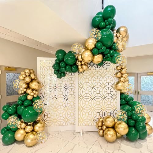 Image of BAUANOOY Green and Gold Balloons, 60pcs 12 Inch Metallic Chrome Gold Dark Green Balloon Latex Balloons for Wedding Graduation Jungle Birthday Party Decorations