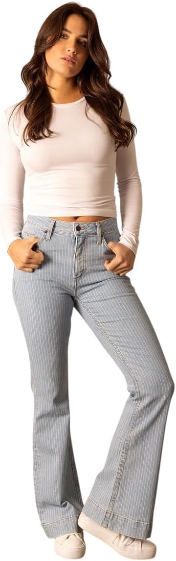 Kimes Ranch Women’s Crystal High Rise Flare Jeans, Light Wash Pinstripe Denim, Trouser Hem