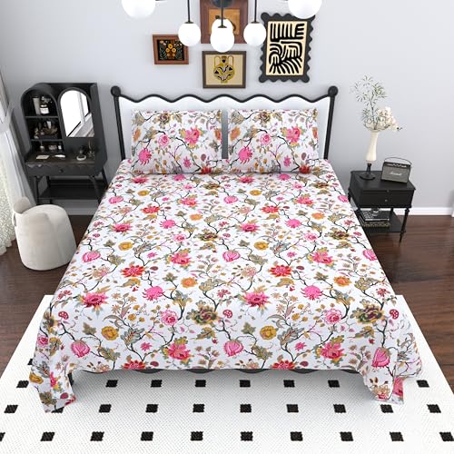 Image of Mafatlal Saanjh 144 TC Cotton King Size Bed Sheet 108x108 Inch | Luxury Floral Printed Bedsheet | Soft Durable Cotton Fabric | 2 Pillow Covers Included | Fuchsia Pink