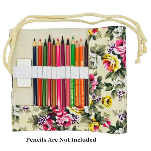 Image of Flowers Pattern Colored Pencil Wrap Canvas Roll Up Holders Peony Coloring Pencil Organizers for Artist Adult Coloring Travel Storage With 24 Slots(Spring)