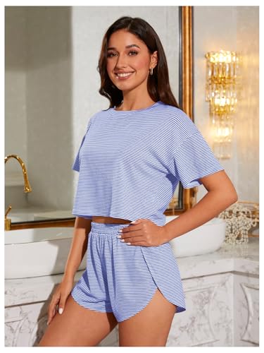 Image of OYOANGLE Womens Pajama Sets 2 Piece Sexy Lounge Sets Summer Cute Pjs Striped Print Tee and Side Split Shorts Set