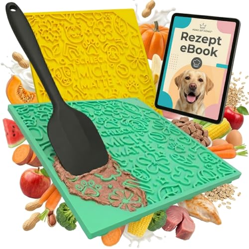 HUND IST KÖNIG Leckmatte Hund mit patentierter Struktur + Saugnäpfe, Schleckmatte Hund 22x22cm [2 Stück] inkl. Spatel + Rezepte-Ebook, Hunde Leckmatte lebensmittelecht & spülmaschinenfest