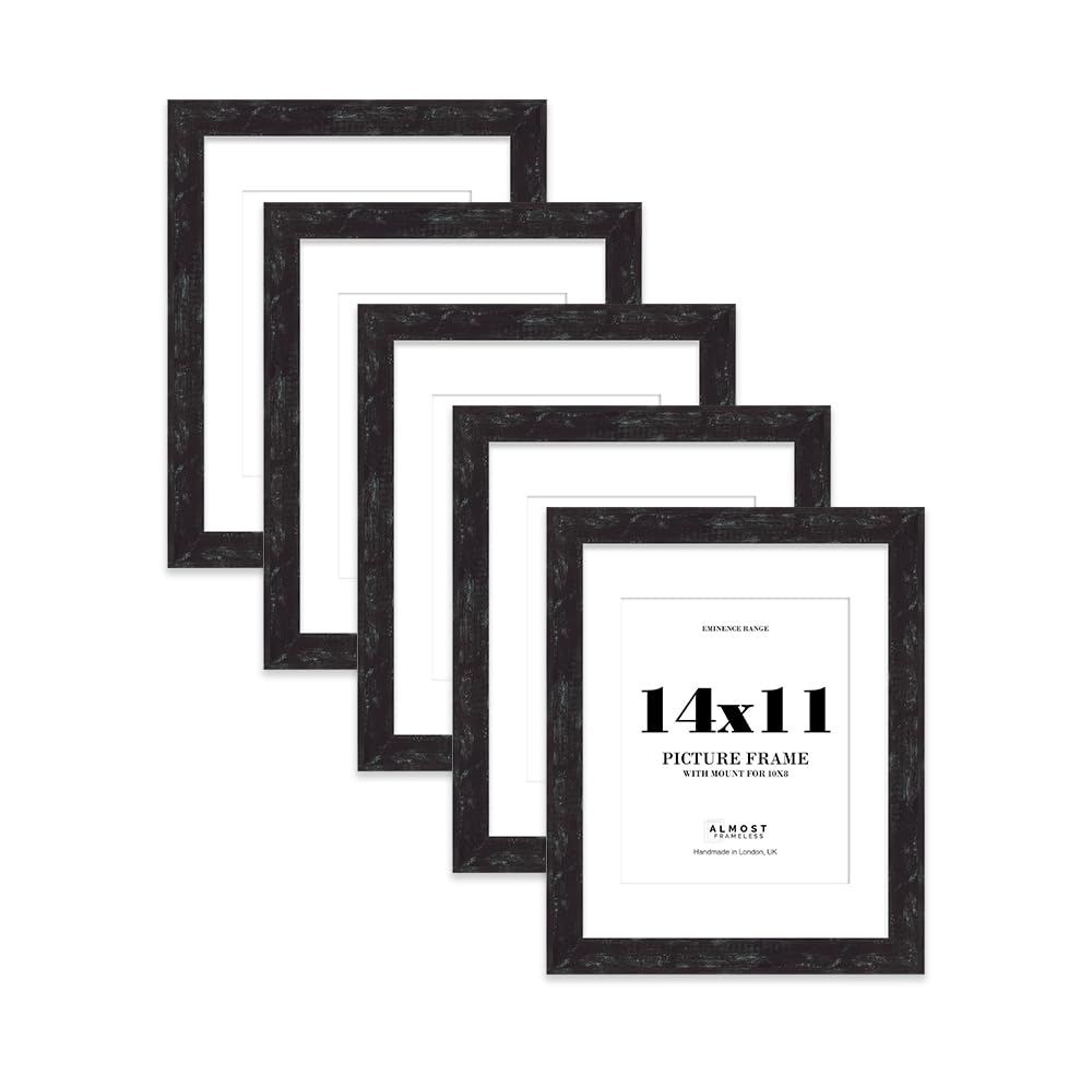 14x11" Distressed Black Picture Frame with 10x8" Mount - Weathered Photo Frame with Distressed Finish, Wall Hooks and Kickstand, 32mm Edge - 5 Pack