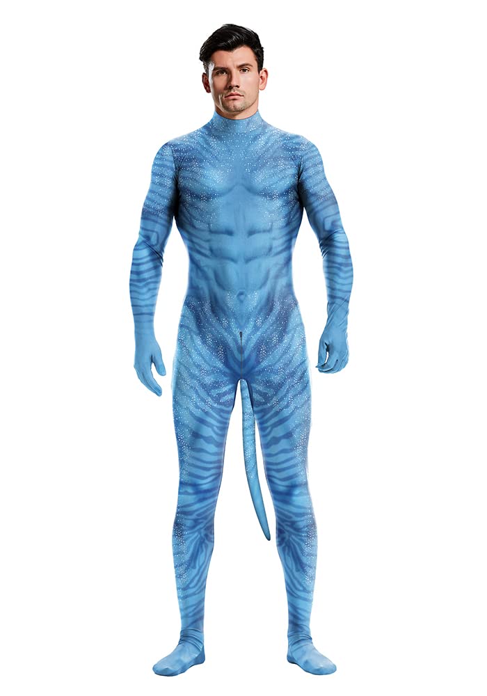 Men's Animal Bodysuit Costume with Big Tail Print Petsuit Spandex Furry Jumpsuit Cosplay Halloween Party