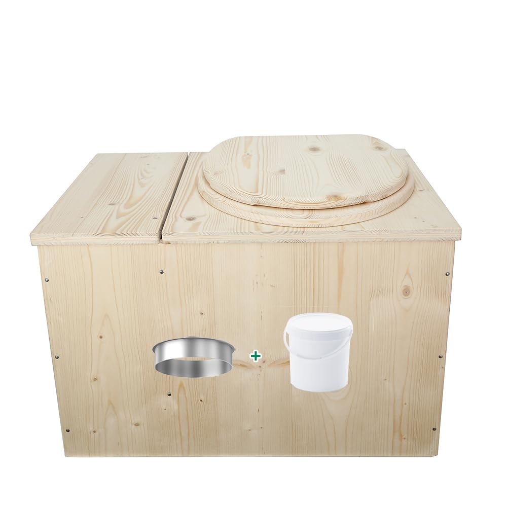 Toilette sèche avec bac à copeaux de bois intégré, Livré monté avec seau 20L plastique alimentaire et bavette de protection inox - Fabrication artisanale Française - N2