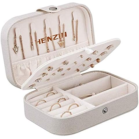 Henzin Schmuckkästchen Reise Schmuckkästchen Damen Klein PU-Leder Schmuckaufbewahrung Schmuckkoffer Klein Schmuckbox Reise Schmuckkästchen für Ringe,Ohrringe,Halskette,Geschenk -Weiß Cover