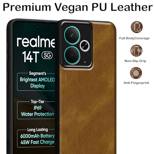 Image of amazon basics Back Cover for Realme 14T 5G | Ultra Slim Soft Rubberised Case | Oil Feel Soft Leather Back | Camera Protection - Tan Brown