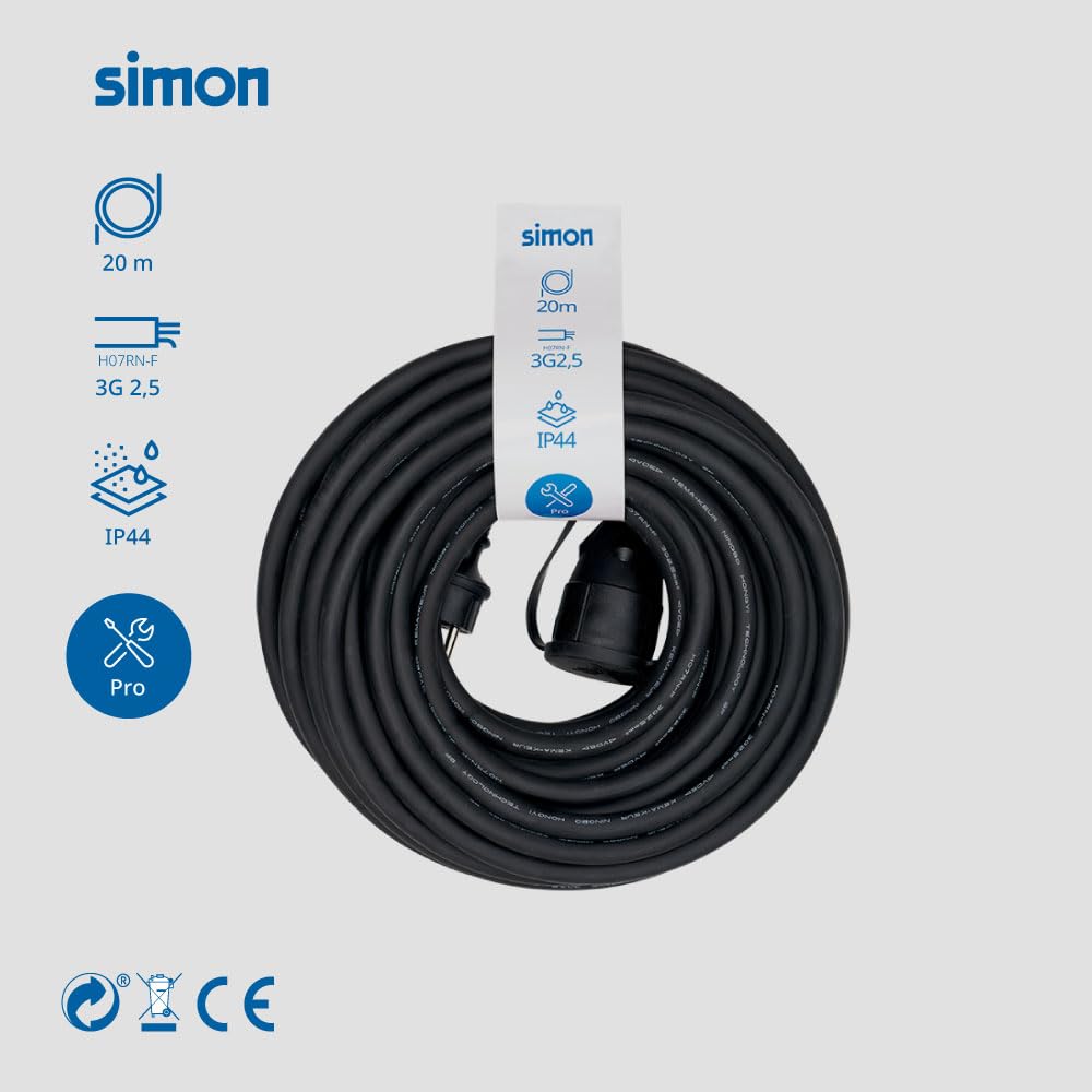 SIMON – Prolongador Profesional H07RN-F, Alargador Enchufe con Tapa IP44, Cable 3G2.5mm² (15m), Prolongador Eléctrico para Exteriores, Alargadera Resistente, Color Negro
