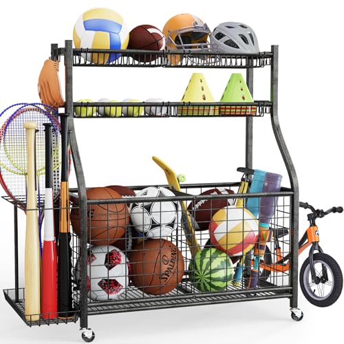 Garage Sports Equipment Organizer,Ball Storage With Four Baskets And Six Hooks,Sports Organizer For Garage,Heavy Duty Garage Organizer,Garage Storage,Garage Organization,Outdoor Toy Storage