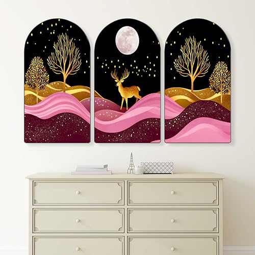 Image of Livin'luxe Deer Wall Art | Set of 3 MDF Panel Paintings | Golden Forest & Moonlight Night Theme Decorative Wall Hanging for Living Room, Bedroom, Office & Home Interiors