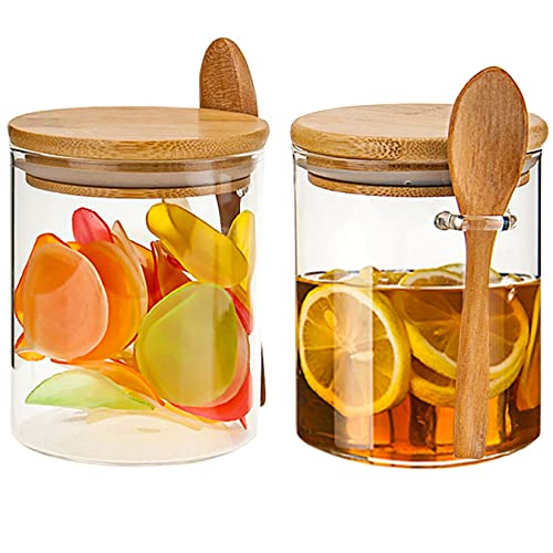 HILEYOLLA 540ml Juego de 2 Botes Cocina Almacenaje con Cuchara, Tarros de Cristal con Tapa Hermético, Tarros de Vidrio Borosilicato, Recipientes Organizador para Alimentos Legumbres Harina (Redondo)