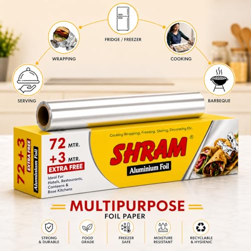 Image of Aluminium Foil 72 Meter + 3 Meter Free | 14 Micron Food Grade Kitchen Foil Roll | Safe Paper Zigzag Cutter | Multipurpose Foil for Home, Hotel & Restaurant Use | Baking, Grilling & Food Wrapping