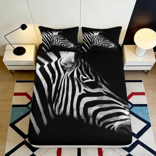 Drap Housse 3D Imprimé Motif Zèbre Microfibre Grande Profondeur Antidérapant Linge de Lit Zebra...