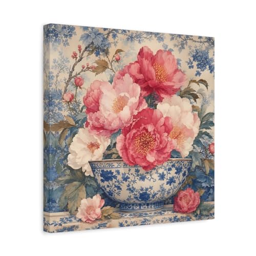Tableau pivoines roses et bleues pour habiller un mur vide au-dessus du canapé