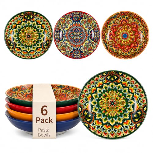 ELZONYX 32 oz Pasta Bowls Set of 6 Large Ceramic Colorful Deep Plates Bohemian Style Soup Salad Bowls Dishwasher & Microwave Safe for Kitchen Boho Vibrant Dinnerware